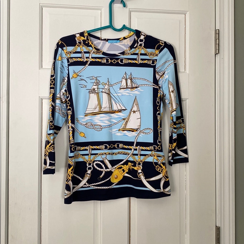 J. McLaughlin Blue and Yellow Rope Print Top
